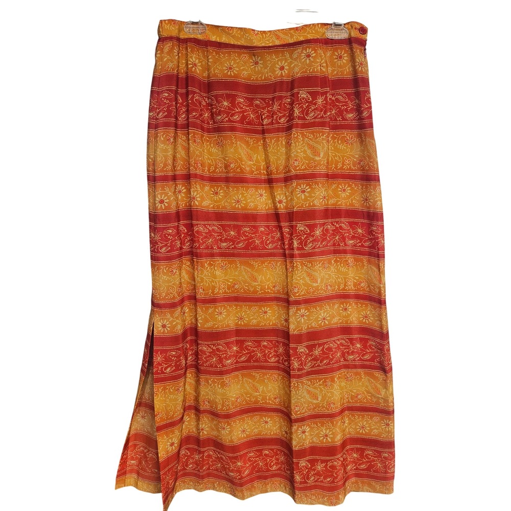 Karen Scott Womens Orange Red Floral Paisley Maxi Skirt Side Slit Size 14 Boho